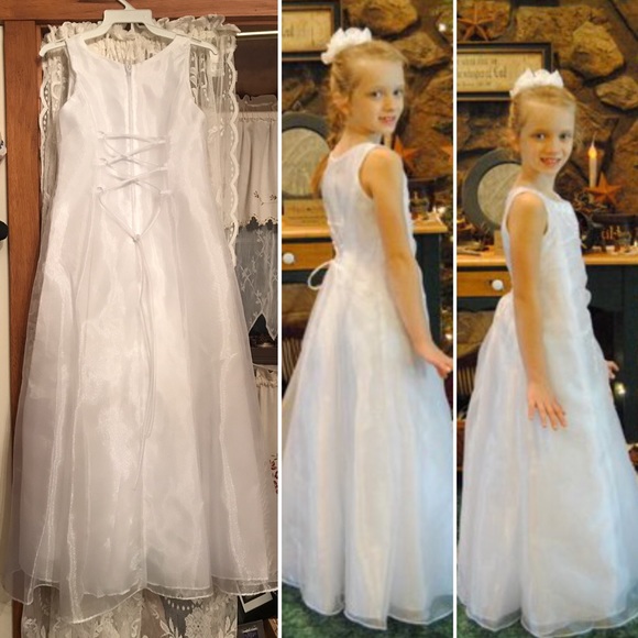 Girls white flower girl pageant communion dress